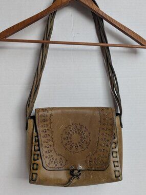 Vintage Hand Tooled Leather Shoulder Bag Brown Braid Floral Boho Folk Purse 70s